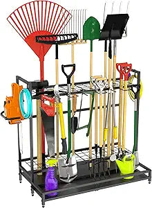 VGMiu Garden Tool Organizer for Garage, Yard Tool Rack, Holds Up to 64 Long-Handled Tools, Black Metal Garden Tools Rack Storage with Hooks for Yard Shed Garage Organization