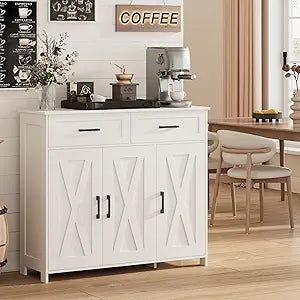 Homhedy Sideboard Buffet Cabinet, Coffee Bar Storage Cabinet with Drawers and Doors, Farmhouse Kitchen Cabinet with Adjustable Shelves, for Kitchen, Dining Room, Living Room, White