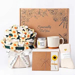 Haull Daisy Gift Basket - Completed Knitted Daisy Bouquet Blanket Coffee Mug Candles Socks Card Box Flower Gifts for Women Wife Girlfriend Mom Her Birthday Wedding Anniversary