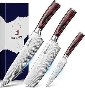 KEEMAKE 3 Pieces Knife Set, High Carbon Stainless Steel Chef Knives Sets with Ergonomic Pakkawood Handle, Professional Ultra Sharp Kitchen Knife Sets, Father Day Gifts