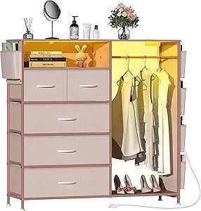 Espelism Dresser for Bedroom with Clothes Rack Side Pockets 5 Drawer Dresser with Charging Station LED Lights Black Storage Chest of Drawers for Hallway Closet Sturdy Steel Frame Wood Top (Pink)