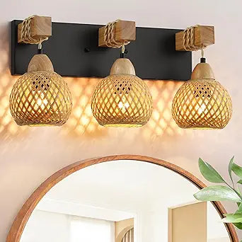 LmnLvn Farmhouse Bathroom Light Fixture, 3-Light Boho Vanity Light, Bamboo Bathroom Light Fixture Over Mirror Rustic Vanity Lighting with Handmade Bamboo Shades, Suit for Restroom, Bedroom, Hallway