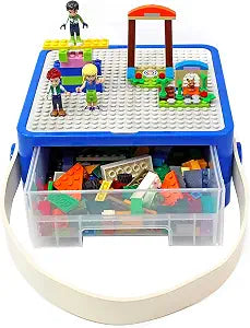 Bins & Things Lego Storage Organizer Box - Portable 8x8 Toy Storage Case with Baseplate Lid for Building Bricks & Small Toys - Kids Travel Suitcase & Playroom Bin