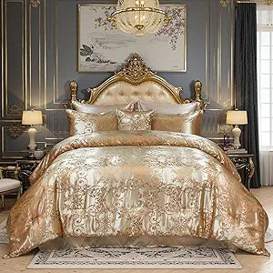 King Size 8-Piece Jacquard Comforter Set with Satin Sheets Set  Elegant Coordinated Bedding Collection for Bedroom Gold Bed-in-a-Bag