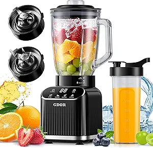 GDOR Professional Blender for Kitchen, 1200 Peak Watts Smoothie Blender, 5 Functions for Ice Crushing & Frozen Fruit, 52 Oz Glass Jar & 24 Oz To-Go Cup Combo, Self-Cleaning, Black