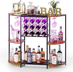 JKsmart Wine Bar Cart with LED Lights, Mini Wine Rack with Storage and Glass Holder, Small Home Bar Cart for Liquor, 3-Tier Bar Table for Kitchen, Dining Room, Living Room, Rustic Brown