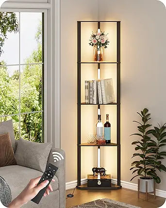 63.4 Display Shelf with Light, Modern Corner Floor Lampe with Shelves, LED Dimmable Standing Lamp with Remote for Living Room, Bedroom, Office, Adjustable CCT, Black Triangle B55LD05