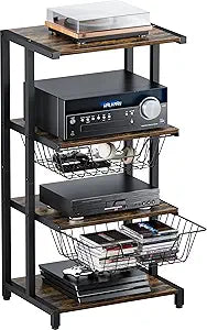Media Stand with Two Detachable Baskets, 4-Tier AV Media Stand Corner Shelf for DVD Players/Cable Boxes/Games Consoles, Audio Storage Rack for Living Room, Gaming Room, Music Studio, Black