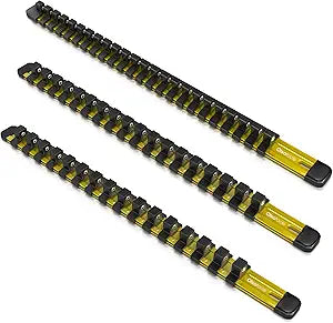 Olsa Tools Aluminum Socket Organizer, 3pc Set - Yellow Socket Holder Kit 1/2-Inch, 3/8-Inch, and 1/4-Inch Drive - Holds 58 Chrome or Impact Sockets - Professional Grade Socket Rails - Part: 1110