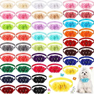 Huhumy 50 Pcs Dog Collar Flowers Bulk Assorted Color Pet Three Flower Collars with Rhinestone Pearl Adjustable Bow Tie for Small Medium Dogs Cats Grooming Party Supplies