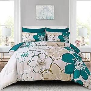 Anibedding 7Pieces Teal Grey Floral Comforter Set Queen Size, Soft Microfiber Grey Blue Bed in a Bag Comforter Set with Sheets for All Season