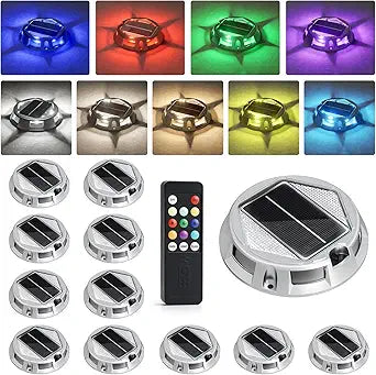VOLISUN Solar Driveway Lights with Remote Control 12 Pack, 9-Color Changing & 12 Modes IP68 Waterproof for Marine Dock Deck and Pathway Walkway Garden, RGB LED Outdoor Markers Landscape