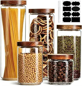 Flrolove Glass Canisters With Wooden Lids, Kitchen Jars for Storage 5 Pack
