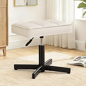 LUE BONA Adjustable Vanity Stool, 15''-19.5'' Foot Rest Under Desk, 360 Swivel Vanity Chair for Makeup Room, Cream Upholstered Faux Leather Ottoman for Bathroom & Living Room, 300lbs