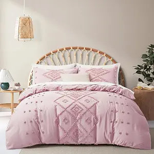 Oli Anderson Tufted Duvet Cover Queen Size, Soft and Lightweight Duvet Covers Set for All Seasons, 3 Pieces Boho Embroidery Shabby Chic Bedding Set (Pink, Queen, 90" x 90")