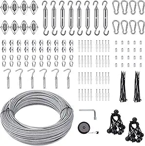 Unicaravan Shade Sail Hardware Kit 6 inch with 131FT 1/8" Wire Rope Kit for Triangle Rectangle Sun Shade Sail Outdoor Installation turnbuckles for Cables Wire for Outdoor,Garden,Kitchen,Craft,243PCS