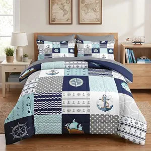 WeCozy 7 Pcs Queen Size Comforter Set with 2 Pillowcases & 2 Shams, Nautical Blue Marine Summer Bedding for Kids and Adults, Sea Ocean Boat Plaid Bed in a Bag with Flat Fitted Sheet
