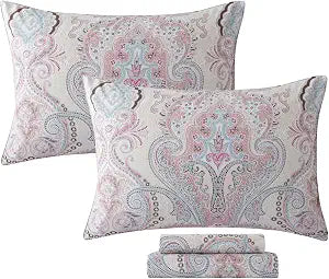 FADFAY 100% Cotton Paisley Damask Twin Bed Sheet Set, 4-Piece Soft Breathable Vintage Bedding with Deep Pocket Fitted Sheet, Flat Sheet and Pillowcases, All Season Cotton Sheets