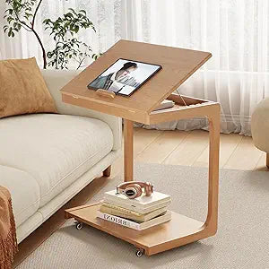 AQIMUELE Wooden C-Shaped End Table,Couch Table with Adjustable Desktop,Small Rolling Side Table with 2 Lockable Wheels 23.6" Width,Small End Table for Couch, Living Room,Bedroom (Natural)