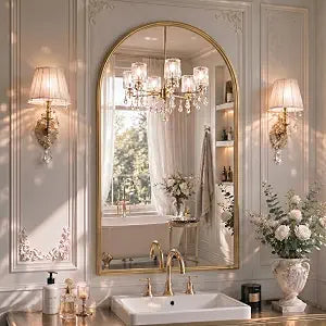 26"x38" Arched Gold Bathroom Mirror  Metal Framed with HD Shatter-Proof Glass, Wall-Mounted for Over Sink, Entryway, Living Room, Bedroom