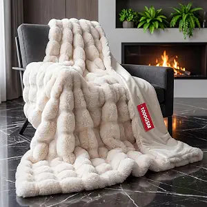 Faux Fur Bubble Throw Blanket | 1000 GSM Fluffy Soft Thick Plush Blanket | Fuzzy Cozy Warm Throw for Couch Sofa Bed Bedroom Living Room | Reversible Velvet | 50x60 | (Cream White)
