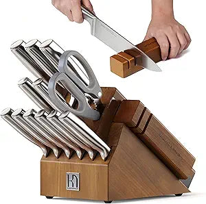 KnifeSaga Kitchen Knife Set with Block and Detachable 2-Stage Sharpener | 14-Piece Premium High Carbon Stainless Steel Knives with Ergonomic Anti-Slip Handle, Rubberwood Knife Block