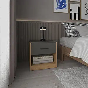Tuhome Alder 19.7" High One-Drawer Nightstand, Side Table, End Table with Open Shelf for Bedroom, Home Office, Living Room, Compact and Stylish Storage with Matte Gray Finish and Natural Oak Accents