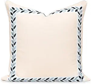 Hofdeco Premium Coastal Patio Indoor Outdoor Throw Pillow Cover Only, 20"x20" Water Repellent for Backyard, Couch, Neutral Tan Embroidered Frame Leafs with Piping