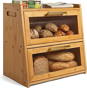 Gennua Kitchen Extra Large Bamboo Bread Box for Kitchen Countertop, Wooden Double Layer Breadbox Provides Double the Storage, Holds Multiple Loaves, Durable & Beautiful with Frosted Acrylic Panels