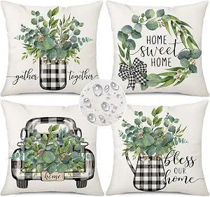 Outdoor Waterproof Pillow Covers 18 x 18 Set of 4, Buffalo Plaid Truck Eucalyptus Leaves Home Sweet Home Spring Farmhouse Decor Cushion Case for Couch Patio Furniture