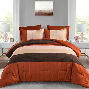 Anibedding Terracotta Queen Comforter Set 7 Pieces, Burnt Orange Bedding Comforter Set for All Season, Patchwork Striped Bed in a Bag with Sheets