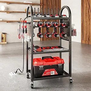 SOYEEZE Storage Cart on Wheels with 8 Outlet Power Strip, Rolling Utility Cart for Garage Organization, Power Tool Organizer with Charging Station, Tool Organizer Cart for Electric Drill/Toolbox