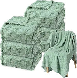 6 Pack Fleece Throw Blankets Bulk 50 x 60 Inches Soft 3D Checkered Flannel Warm Plush Blankets for Couch Sofa Bed Wedding Soft for Pet Bed Couch Office Gifts Travel Seasons Donation(Sage Green)