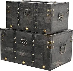 Wooden Vintage Luggage Trunks Set of 2, Decorative Antique Suitcase Storage Boxes with Hinged Lids, Old Fashioned Treasure Chest Organizer for Home, Tabletop & Rustic Decor, Black