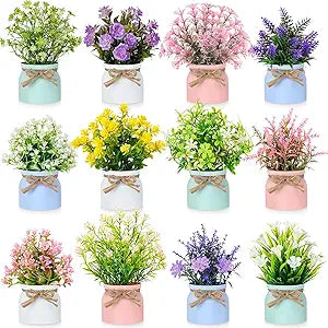 Suncalla 12 Pcs Artificial Flower Plants Small Fake Plants with Pot Mini Faux Potted Plant for Floral Tables Centerpieces Decoration Home Bathroom Office Window Tabletop Decor (Colorful Flower)