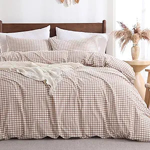 Brown Gingham Duvet Cover Bedding Set 100% Washed Cotton Like Linen Texture Soft Breathable 3 PCs Tan Plaid Checkered Fall Comforter Cover Set Vintage Aesthetic(Queen 90"x90", No Comforter)
