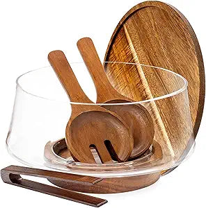 Large Glass Salad Bowl with Lid Set, 5.7 L Decorative Glass Mixing Bowl, Trifle and Serving Bowls with Lids as Cheese Charcuterie Board and Plate, Comes with Wood Serving Utensils