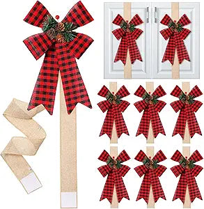 Suncalla 6 Pcs Christmas Cabinet Ribbons Bows Door Decorations Pine Cone Large Red Plaid Cabinet Bows for Kitchen Furniture Home Xmas Party Supplies Gifts