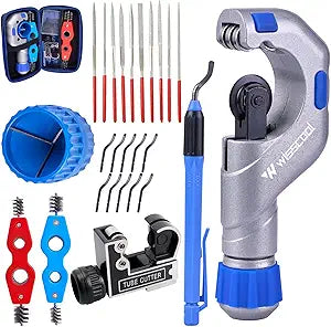 WISSCOOL Copper Pipe Cutter Kit with Pipe Cutter 3/16"-2", Mini Tube Cutter 1/8" to 1-1/8", Deburring Tool Pipe Reamer Needle File Set Car Battery Cleaning Brush for Automotive HVAC Plumbing