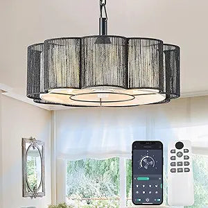 20'' Rattan Fandelier, Boho Farmhouse Fan Chandelier Handwoven Rattan Lampshade, Reversible 7-Blade Ceiling Fan with Adjustable Height, Soft Plum-Blossom Diffused Light 3 Colors (Modern Black)