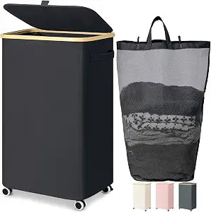 Goodpick 100L Large Rolling Laundry Basket with Wheels and Lid, Black