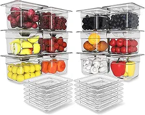 12 Pack Plastic Food Pan with Lid 1/6 Size 4 Inch Deep Restaurant Clear Food Storage Containers Polycarbonate Commercial Hotel Pans for Fruits Vegetables Beans Corns (12 PCS, 4'' Deep)
