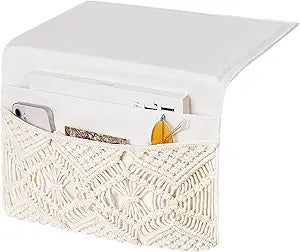 Mkono Macrame Bedside Caddy, Boho Bed Storage Organizer, 4 Pockets Ivory