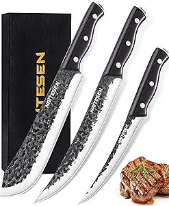 Naitesen 3PCS Professional Butcher Knife Set, Bullnose Meat Carving Knives Breaking Boning Knife Hand Forged Very Sharp for Meat Cutting Home Kitchen Cooking BBQ Gifts for Men Women