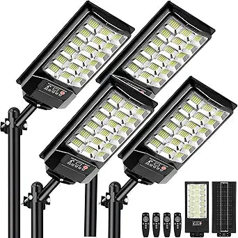 4 Pack Solar Street Lights Outdoor, Motion Sensor LED Flood Light, Dusk to Dawn, 6500k Dimmable Security Lamps with Remote Control, IP66 Waterproof Solar Powered Parking Lot Lights