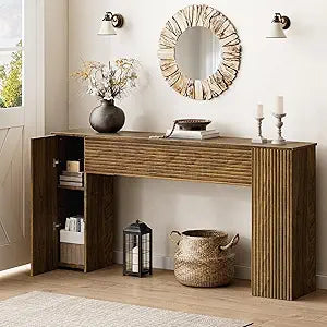 FABATO 61'' Fluted Long Console Table, Wooden Rectangular Sofa Table Behind The Couch, Narrow Entryway Table with 2 Hidden Storage Cabinets for Entrance, Hallway, Living Room, Foyer, Brown