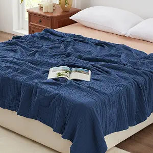 Love's cabin 100% Cotton Muslin Blanket, 6 Layer Lightweight Breathable Gauze King Size Blanket 108 x 90 Inches, Soft Summer Blanket for Bed, Dark Blue