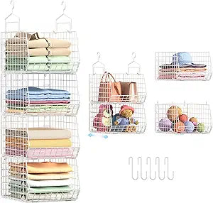 4" Extra Deeper Foldable Hanging Closet Organizer, Small Wire Cabinet Shelves and Storage with 5 S Hooks,4 Tier Metal Basket Bins for Clothes Sweaters Handbags, Wardrobe for Kitchen Laundry RoomWhite
