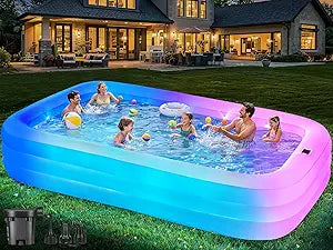 Large Inflatable Pool for Adults,130" x 72" x 22" Thickened Blow Up Pool with Lights & Pump, 7 Color Changed Durable Above Ground Family Swimming Pool for Backyard Outdoor Garden
