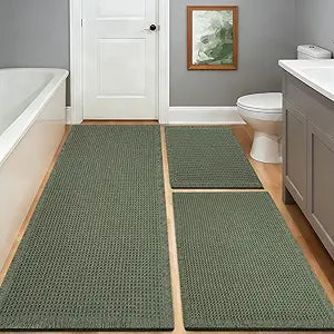 Waffle Bath Mat, Modern Woven Absorbent Non Slip Bathroom Rugs, Machine Washable Bath Rugs, Quick-Drying Bathroom Mats, Boho Tassel Style Suitable For Bathroom Floor, Green, 24"X17"+36"X24"+48"X24"
